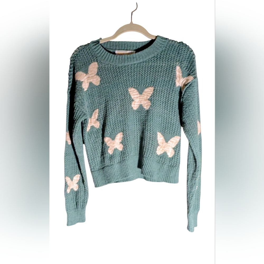 NWOT Sugar Moon Teal Butterfly Open Knit Cropped Sweater M